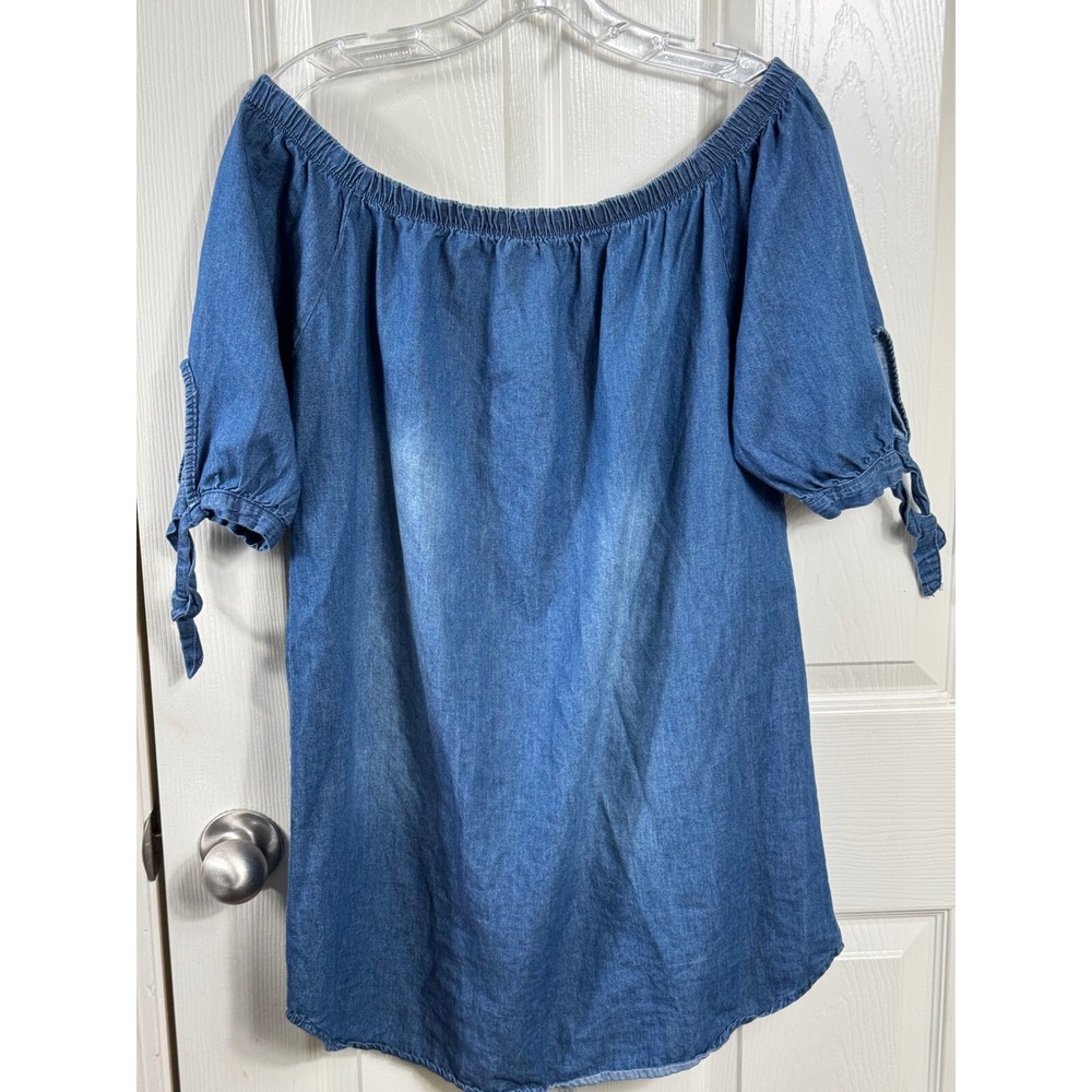 Derek Heart Womens Blue Denim Off the Shoulder Tunic Top Tie Sleeve Large
